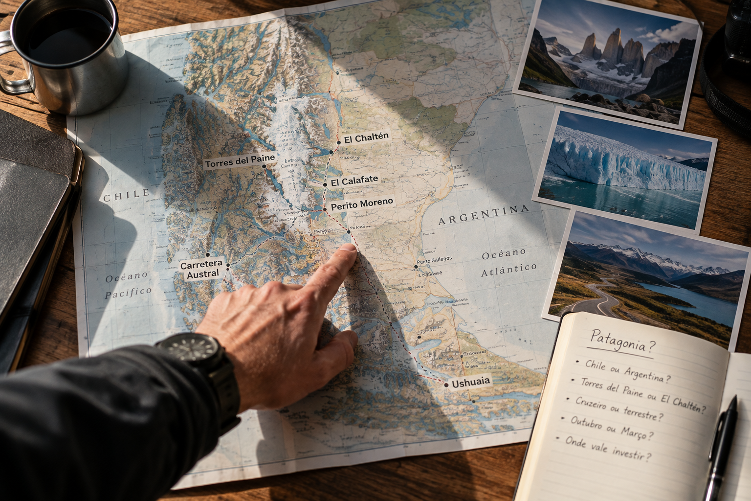 A hand tracing a route across a Patagonia map, beside travel photographs and a notebook