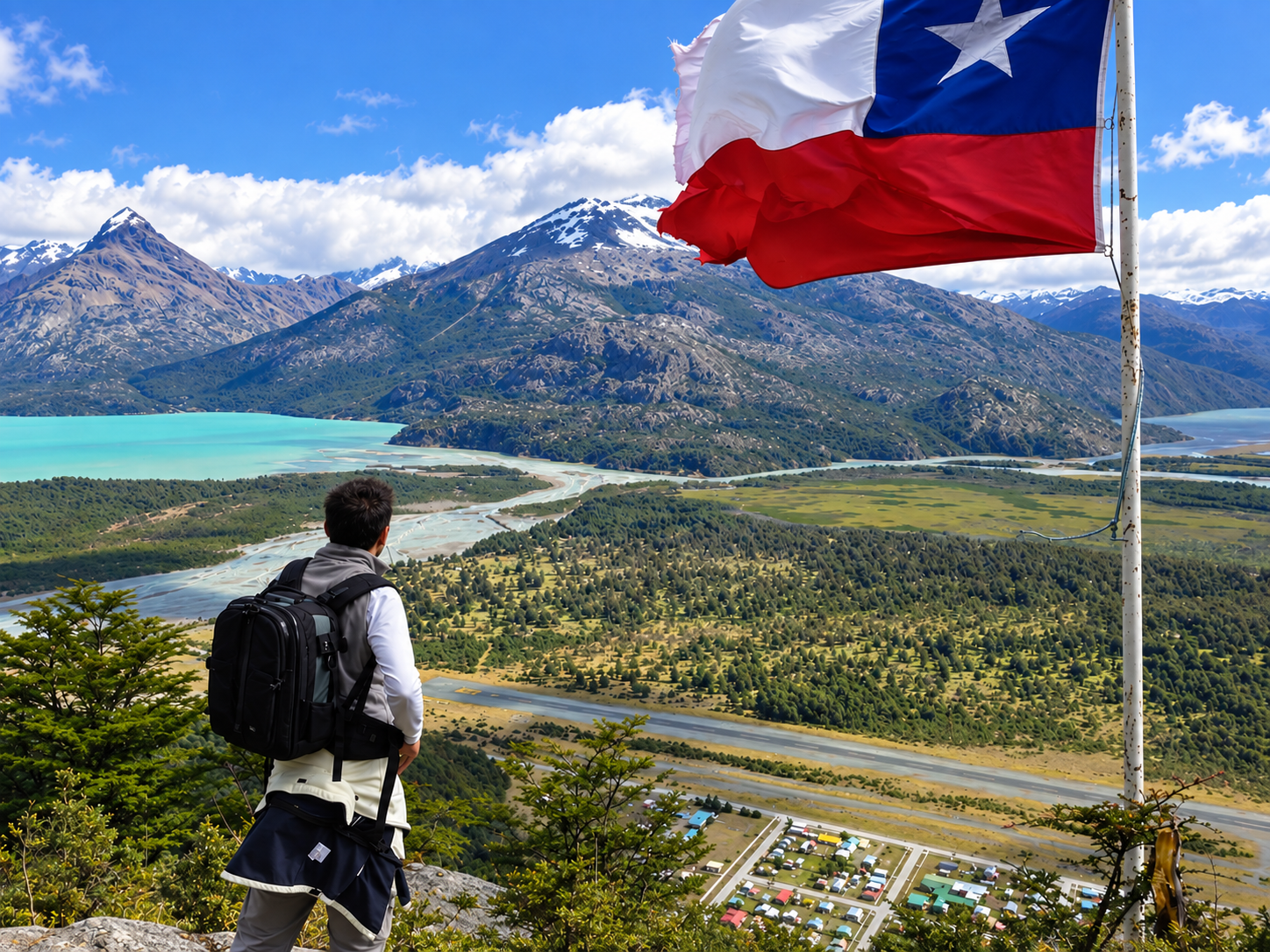 Jeff Gonzalez looking across the landscape at Villa O’Higgins beneath the Chilean flag in 2014